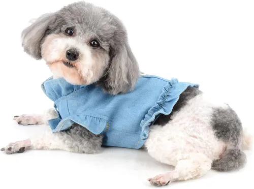 Miniatura 6 de Arnés para perro pequeño, vestido para niña, chaleco para mascotas, camisa de mezclilla para cachorro, gato, traje de verano con volantes, azul claro