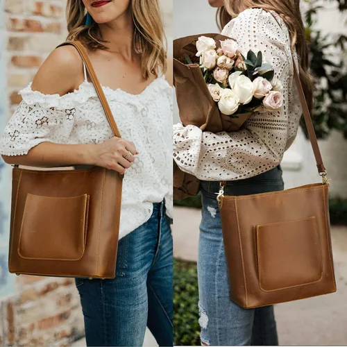 Miniatura 2 de S-ZONE Bolso de mano vintage de cuero genuino para mujer, bolso de mano estilo hobo