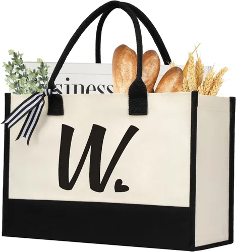 Miniatura 28 de shenee - Bolsa de lona con inicial, bolsa de yute personalizada para la playa, regalo de vacaciones para mujeres, cumpleaños de amigos, boda, año