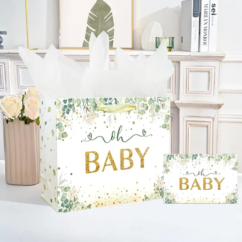 Miniatura 5 de Bolsa de regalo grande de 13" para bebé niño o niña para baby shower o cumpleaños con asa, papel de seda y tarjeta de felicitación (13" Verde)