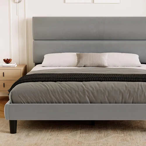 Miniatura 7 de GRUSIGN Base de cama de plataforma tamaño Queen con cabecera de terciopelo, soporte de listones de madera de altura ajustable, base de colchón Gris