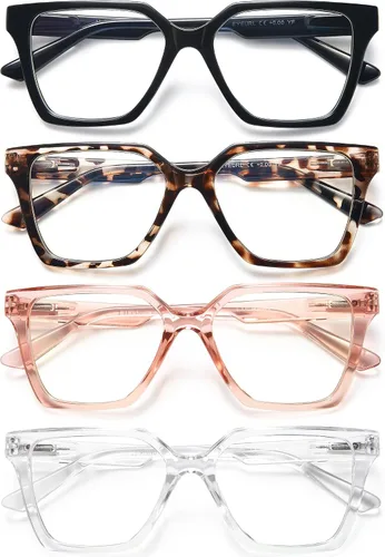 EYEURL Paquete de 4 lentes de lectura de gran tamaño para mujeres y hombres, bloqueo de luz azul, lectores cuadrados para computadora con bisagra de
