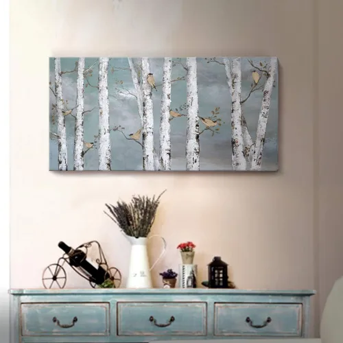 AMATOP Arte de pared turquesa 100% pintado a mano, pintura al óleo de paisaje forestal en lienzo, obra de arte enmarcada original, pájaro dorado,