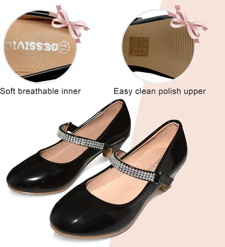 Miniatura 6 de BESSIVIC Zapatos de vestir para niñas, zapatos Mary Jane para niñas con tacón bajo, zapatos planos de ballet de flores de princesa para bodas