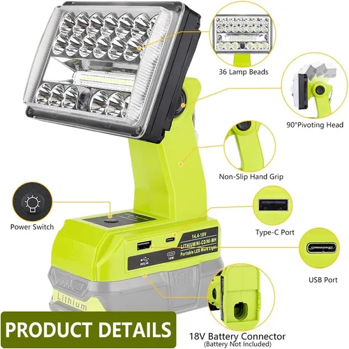Miniatura 2 de Choerinton Luz de trabajo compatible con batería Ryobi de 18 V, luz de 18 W, portátil, inalámbrica, con puerto de carga USB, reflector LED