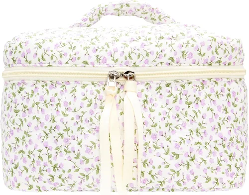 Miniatura 26 de PAZIMIIK - Bolsa de maquillaje de algodón para mujer, grande, acolchada para viaje, Rosa (Bow Pink), Vintage