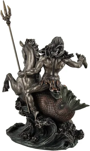 Miniatura 4 de Zeckos Poseidón griego Dios del mar sosteniendo Tridente en hipocampo Estatua de mesa de metal marrón oscuro/negro