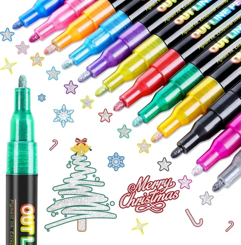 FUMILE 12 colores con contorno de doble línea, marcadores con purpurina para niños y adolescentes, marcadores metálicos con contorno automático para