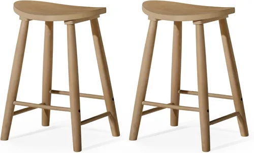 Maven Lane Luna - Juego de 2 taburetes de mostrador redondos de 26 pulgadas con reposapiés, madera maciza natural, diseño que ahorra espacio para