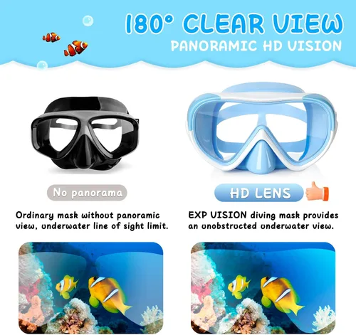 Miniatura 8 de Máscara de natación para niños, máscara de buceo de esnórquel de 180°, gafas de natación antivaho para niños con cubierta para la nariz, gafas