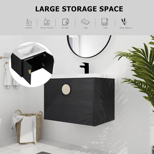 Miniatura 8 de Juego de tocador de baño de 28 pulgadas con lavabo montado en la pared, moderno juego de tocador de baño con lavabo de cerámica blanca y mango