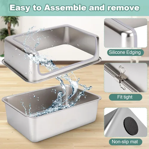 Miniatura 2 de Cajas de arena de acero inoxidable XL para gatos con tapa de metal, bandeja de arena extragrande de 20 x 14 x 12 pulgadas con recinto de pared alta