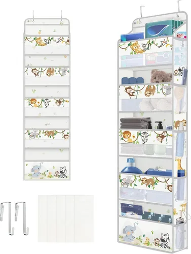 Miniatura 8 de Clastyle Organizador sobre la puerta del alfabeto de animales, diseño de león, mono, 5 estantes, armario, guardería, estantes colgantes, ropa