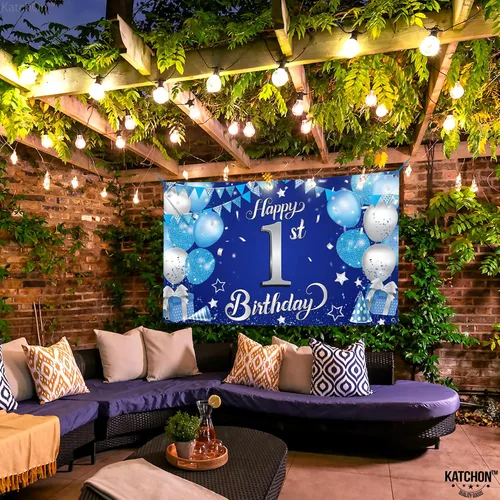 Miniatura 9 de KatchOn, Cartel de feliz primer cumpleaños para niño, 72 x 44 pulgadas, Xtralarge, telón de fondo azul y plateado para el primer cumpleaños