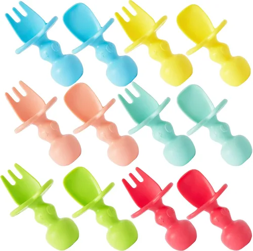 Paquete de 12 utensilios para bebé, cucharas de silicona para bebés, auto alimentación y tenedores para bebés, utensilios para niños pequeños para