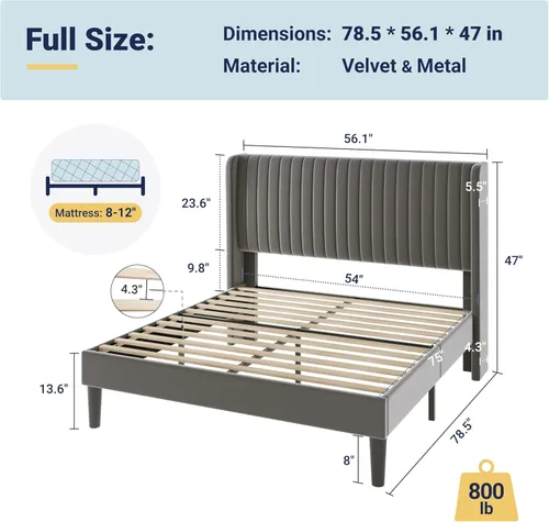 Miniatura 2 de Allewie - Base de cama tamaño Full con cabecera acolchada tapizada en terciopelo y diseño acanalado vertical; plataforma de cama tapizada; listones