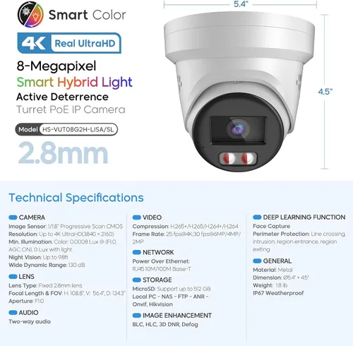Miniatura 7 de Cámara IP PoE de visión a color 4K 8MP para exteriores con luz híbrida inteligente, luz estroboscópica y advertencia audible, AI VCA, detección