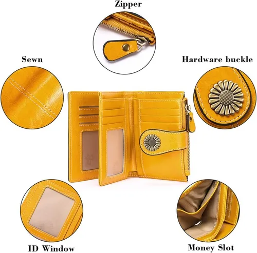 Miniatura 86 de SENDEFN - Billetera pequeña de piel auténtica para mujer, diseño plegable con ventana para tarjeta de identificación