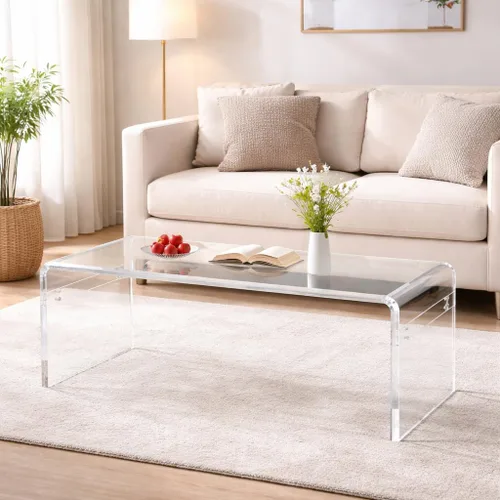 Miniatura 17 de Premium Mesa de Café de Acrílico de 32", Mesa de Café de Lucite Transparente para Sala de Estar, Mesa Central de Plexiglás Rectangular con Cascada