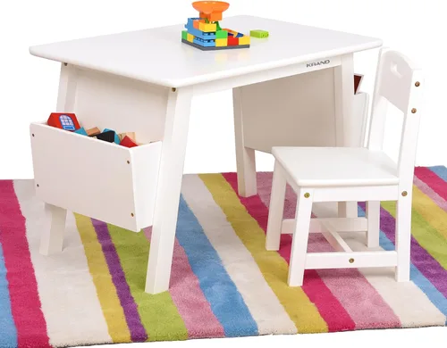 Miniatura 7 de Juego de mesa y 2 sillas de madera maciza para niños con estuches de almacenamiento integrados, juego de mesa y silla de almacenamiento para niños