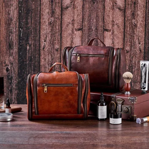 Miniatura 3 de Neceser para hombres y mujeres con gancho para colgar, cuero de grano completo hecho a mano, kit de viaje vintage, bolsa de cosméticos de cuero