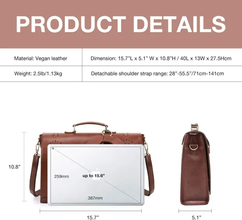 Miniatura 21 de ECOSUSI Maletín para mujer, de piel vegana, para el trabajo, bolso de hombro para computadora con lazo desmontable
