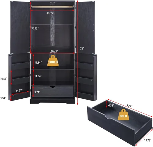 Miniatura 2 de LIDYUK Armario Armoire - Armario de almacenamiento de 72 pulgadas de alto con barra para colgar, estantes y cajón, armario independiente con puerta