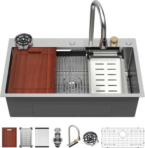 Miniatura 32 de Sarlai 15 Fregadero de Barra de 15x15 Pulgadas para Cocina, Fregadero de Barra de Acero Inoxidable de Calibre 16, Estación de Trabajo con Repisa