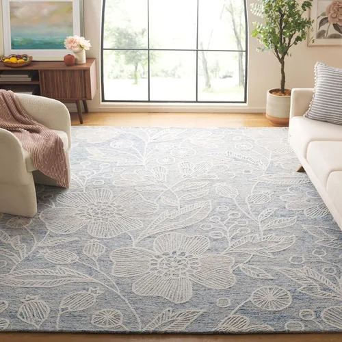 Miniatura 13 de SAFAVIEH Jardin Collection - Alfombra de pasillo, 2 pies 3 pulgadas x 8 pies, azul y marfil, lana floral hecha a mano, ideal para zonas de alto