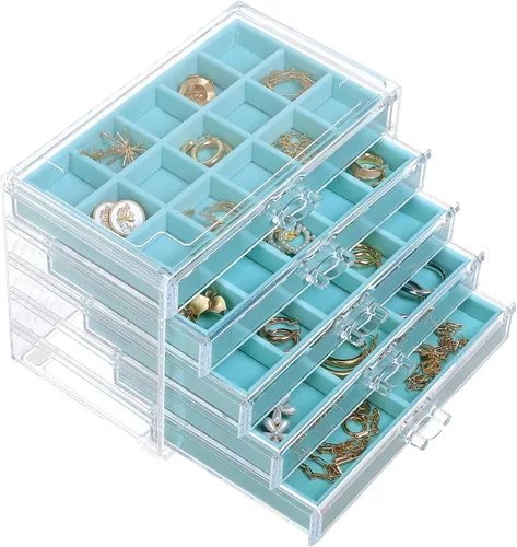 misaya Organizador de joyas de aretes, caja de joyería de acrílico transparente con 5 cajones para mujeres, soporte de terciopelo para aretes,