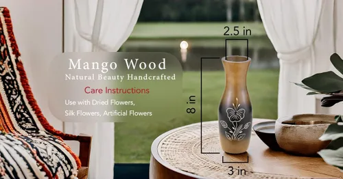 Miniatura 2 de AeraVida Jarrón de madera tallada a mano de hibisco y mango de 8 pulgadas Florero decorativo de madera en forma de botella marrón para sala