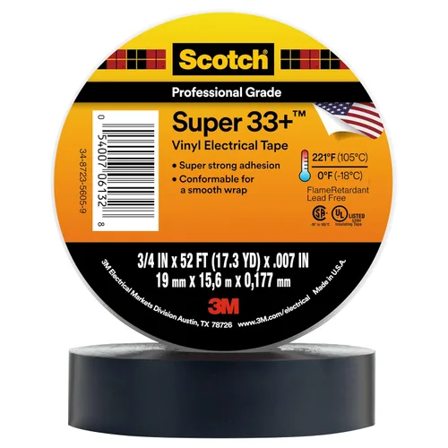 Miniatura 17 de 3M Scotch Super 33+ Cinta eléctrica, 3/4 pulgadas x 76 pies, vinilo de alta calidad para todo tipo de clima, resistente a la abrasión, la humedad