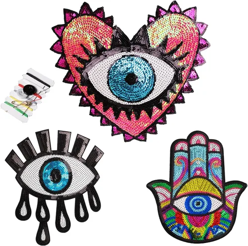 3 parches de lentejuelas de ojo malvado para coser/planchar, gran bordado decorativo con kit de costura para ropa, chaqueta, mochila, sombrero,