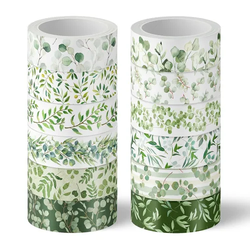 Whaline 12 Rollos Cintas Washi de Vegetación Acuarela Plantas Eucalipto Cinta de Enmascarar 15mm Hojas Verdes Cinta Decorativa Adhesivos para Álbum