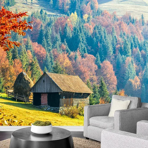Miniatura 3 de SIGNWIN Adhesivo mural removible para pared, otoño, campo, cabaña, bosque, naturaleza, desierto, fotografía, realismo, paisaje decorativo, colorido