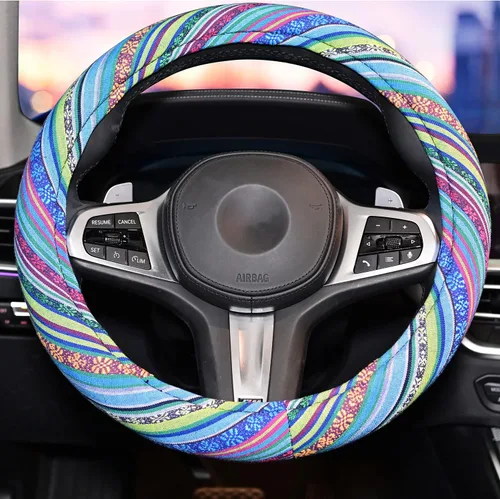 Funda universal para volante de estilo étnico Baja de 15 pulgadas con tela de lino grueso y absorción de sudor antideslizante para automóvil (azul