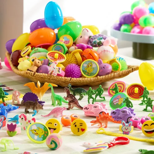 Miniatura 7 de JOYIN 200 huevos de Pascua precargados con juguetes surtidos y calcomanías en el interior, huevos de Pascua rellenos para niños, rellenos