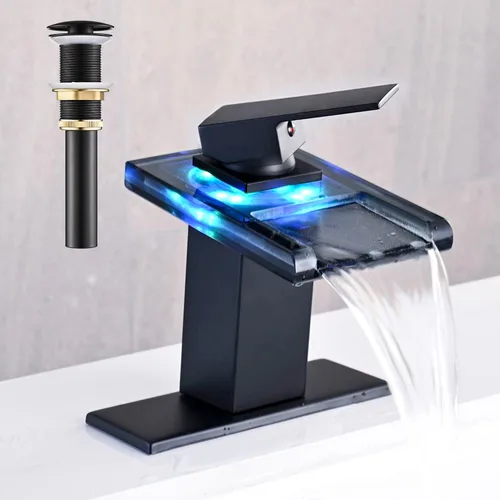Miniatura 10 de AVSIILE Grifo LED para lavabo de baño, cascada cromada, mango de un solo agujero, 1 agujero con drenaje desplegable de metal y 2 líneas de Cromo