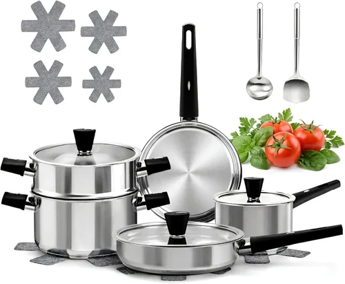 Meythway - Juego de 14 piezas de utensilios de cocina de acero inoxidable para estufas de inducción – Ollas y sartenes no tóxicas con mangos de