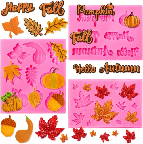 Whaline Paquete de 3 moldes de fondant de otoño, calabaza, hojas de arce, moldes de silicona de resina de caramelo de otoño para hornear chocolate