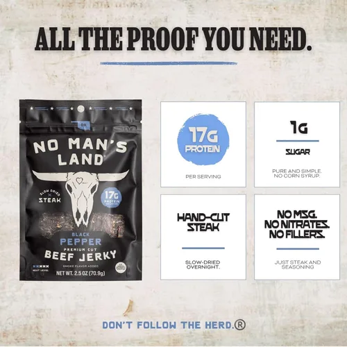 Miniatura 3 de No Mans Land Beef Jerky - Pimienta negra Tiras de carne seca secadas lentamente, ahumadas y sazonadas Bocadillo de carne de res alto