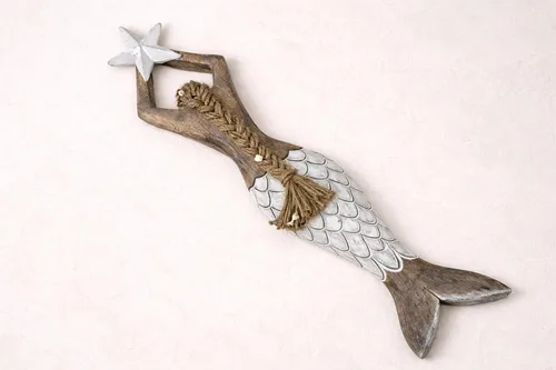 Miniatura 6 de OMA Arte de pared de sirena para decoración del hogar, playa náutica costera, madera, sirena, estrella, estatua colgante, escultura para decoración