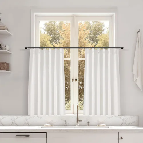Miniatura 118 de Juego de 2 paneles de cortinas de ventana de cocina beige de 24 pulgadas de largo, con textura de lino, plisadas, filtrantes de luz, semi pequeñas