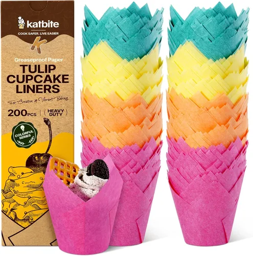 Katbite 200 forros para magdalenas de tulipán, moldes para hornear, envoltura de cupcakes para fiestas, bodas, cumpleaños Varios colores