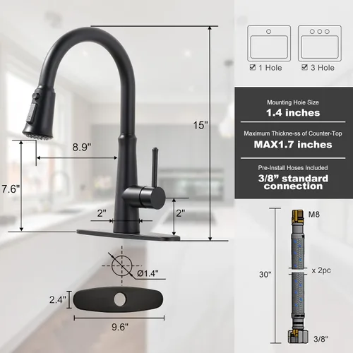 Miniatura 2 de WOWOW Grifos de cocina negro mate con rociador extraíble, grifo de fregadero de cocina de acero inoxidable para fregaderos de 1 o 3 agujeros, grifo