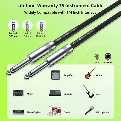 Miniatura 8 de Cable de guitarra de 1.5 pies, paquete de 2 unidades, nailon trenzado anti-torceduras reforzado con Kevlar, conector Neutrik REAN, calibre 20