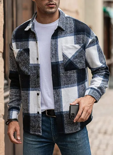 Miniatura 3 de JMIERR Camisas de franela para hombre, estilo casual, con botones, manga larga, a cuadros, chaquetas ligeras con bolsillos