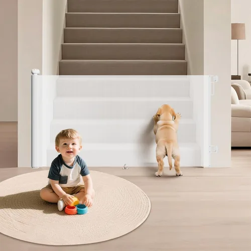 Puerta retráctil para bebés para escaleras y puertas, 34 pulgadas de alto que se extiende hasta 71 pulgadas de ancho, puerta de malla para bebés y
