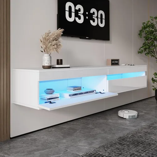 Miniatura 10 de Soporte flotante de madera maciza para TV con iluminación LED y toma de corriente, centro de entretenimiento de alto brillo de 71 pulgadas montado