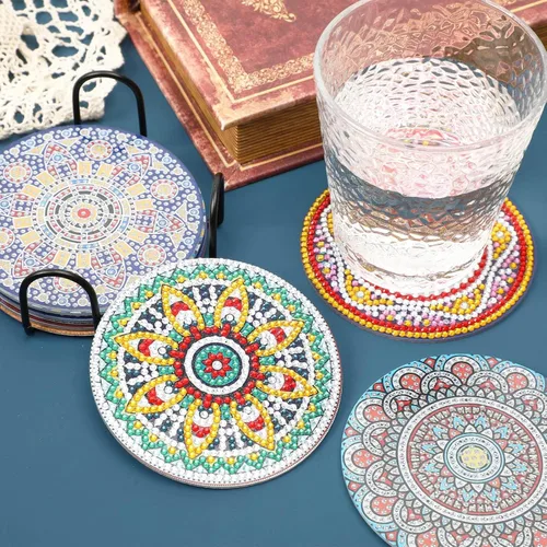 Miniatura 4 de UPINS 8 piezas de kits de pintura de arte de diamante con mandala, posavasos de arte de diamante con soporte, kits de arte de diamante Mandala azul